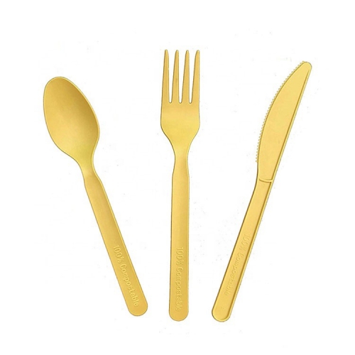 Set di posate ecologico personalizzato in PLA con cucchiaio e forchetta in PLA di colore giallo personalizzato